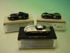 Three Minimax Spark Models 1/43rd scale. Lotus Type 30 S1 no.1 Goodwood 1964; Jaguar E "Lightweight"