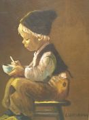 Robert Lautenschlager, 20th C. American. Boy and girl seated on stools and eating from bowls. A