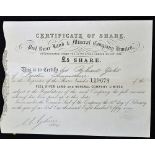 Interesting 1857 Peel River Land & Mineral Co Ltd South Australia Certificate of One share dated
