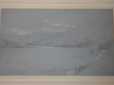 Attrib. John Burgess Jnr 1814-1874 Loch Lubnaig. Inscribed. Pencil on blue paper with white