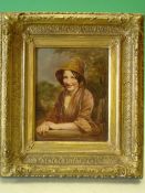 English School. Young lady resting on a gate, wearing a straw bonnet. 19th century. Oil on panel 7"x