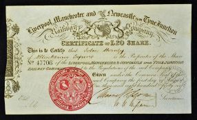 1846 Liverpool, Manchester & Newcastle Upon Tyne Junction Railway Company Certificate for Twenty