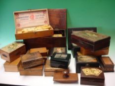 Collection of Treen Boxes - some with printed lids, together with a quantity of turned needle cases.