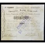 1863 Adelphi Bank Limited, Liverpool Certificate for One £20 share displaying a Vignette of Liver