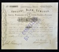 1863 Adelphi Bank Limited, Liverpool Certificate for One £20 share displaying a Vignette of Liver