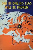 WWII Propaganda Colour Poster featuring Adolf Hitler as a spider with the slogan 'One by One His