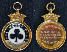 9 carat Gold Ace Motor Club Medallion/Fob in gold and enamel having a coronet crown to top with 'Ace
