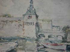 Jean Louis Le Toullec bn. 1908 French. River with bridge, clock tower and boats. Signed. Watercolour
