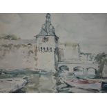 Jean Louis Le Toullec bn. 1908 French. River with bridge, clock tower and boats. Signed. Watercolour