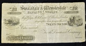 1860 Unissued £20 Banknote by Swaledale & Wensleydale Banking company with vignettes of Richmond