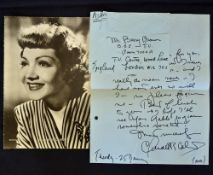 Signed Claudette Colbert hand written letter c/w black and white photograph 17 x 23cm, the letter