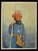 Sikh Warrior watercolour of a Nihung c1900s on heavy card stock^ Nihang Singh or Sikh religious