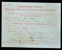 1891 Birkenhead United Tramways, Omnibus and Carriage Company Ltd Certificate for Fifty shares dated