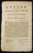 1706 Printed Letter from the Commission of the General Assembly to the Presbytery of Hamilton in
