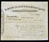1895 The North Pier Steamship Company, Blackpool Ltd Certificate for One £10 share hand signed by