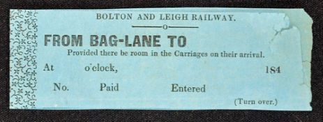 Bolton and Leigh Railway Ticket c1840s unused from Bag Lane complete with counterfoil, some tears