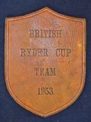 Rare 1953 Ryder Cup British team member leather golf bag shield - embossed "British Ryder Cup Team