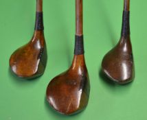 3x R Simpson Carnoustie small socket head playable woods to incl driver and 2x brassies - all fitted