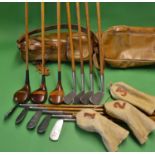 Fine composed full set of 12x golf clubs c/w fine leather golf bag and head covers - all fitted with