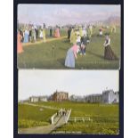 2x St Andrews Old Course coloured golfing postcards 1904 onwards to include "Ladies Links, St