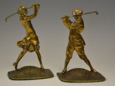 Pair of 1920s stylish brass golfing figure bookends - both mounted on naturalistic bases including a