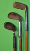 3x Anti-shank irons and putter to incl Fairlie's Pat niblick, Smith's Patent wing toed "Corona"