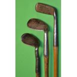 3x Anti-shank irons and putter to incl Fairlie's Pat niblick, Smith's Patent wing toed "Corona"