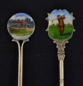 2x early silver and enamel golfing teaspoons - with finely painted enamel terminals, one depicting