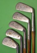 5x good rustless playable irons by various makers to incl 2x matching Gibson 3 iron and mashie, F