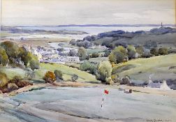 Bowen, Owen – PRCamA, ROI (1873-1976) EAST YORKSHIRE COAST. A GOLF COURSE SCENE OVERLOOKING A TOWN