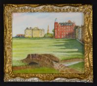 Original miniature watercolour of the 18th The Old Course St Andrews, Swilkin Bridge and R&A Club