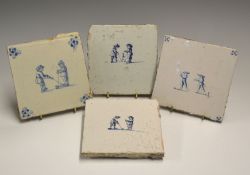 4x early Dutch delft blue and white golf tiles - each hand painted with different Kolf scenes all