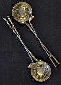 A rare pair of Victorian silver golfing wine tasting spoons c1895 - The handles formed as a pair