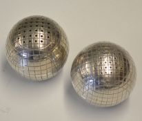 Fine pair of Vic silver mesh golf ball cruet set c1890s - both weighted bases and hallmarked