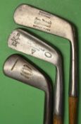 3x Tom Morris St Andrews irons and putter comprising Maxwell flanged bottom mid iron stamped with