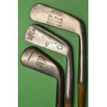 3x Tom Morris St Andrews irons and putter comprising Maxwell flanged bottom mid iron stamped with