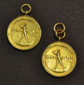 2x Rare 1893 Tooting Bec Golf Club gold medals - embossed on the obverse with a period golfer and