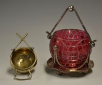 An overlaid ruby glass golfing sugar bowl on plated stand - The channel cut bowl in the form of a
