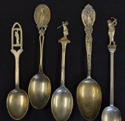 5x decorative silver golfing teaspoons - each with terminals cast in relief or pierced with lady
