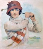 A Golfing Chromolithograph c1920/30 an attractive young lady swinging a club, wearing a hat and