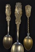 3x decorative sterling silver golfing teaspoons c1900 - the terminals of each a cartouche finely