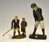 2x early 1920s metal cold painted golfing figures to incl large figure of a golfer addressing the