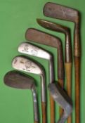 7x interesting selection irons and putters to incl A.H Scott Elie jigger, Rangefinder mashie, Gibson