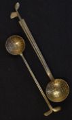 2x silver golfing spoons c1930 - each with square mesh golf ball bowls and golf clubs stems and