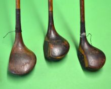 3x scarce left hand socket head woods to incl Forgan Patent Forganite brassie with raised sole, W