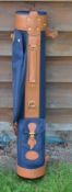 Fine and new blue canvass and light tanned leather golf bag - made in England - circular shaped with