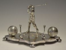 Fine Edwardian silver plated golfers inkwell desk stand - featuring fine Victorian golfer at the top