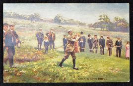 Scarce Harry Vardon Open Golf Champion colour golfing postcard - titled "Golf, A Good Drive" -