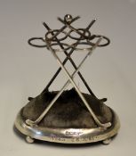 Small silver hat pin stand with cross golf club supports c1908 - hallmarked Sheffield 1907 c/w cross