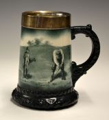 Fine Lenox ceramic and silver rimmed golfing tankard c1900 - decorated with a golfer putting watched